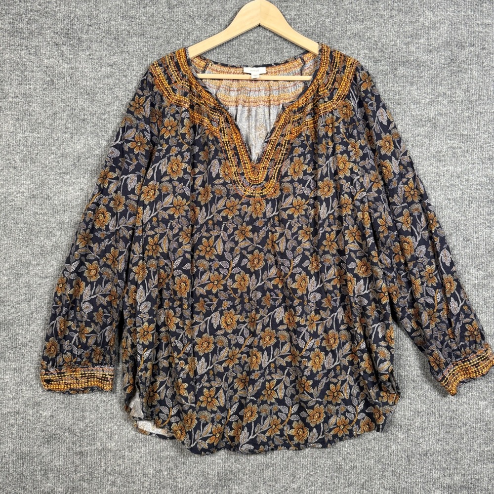 Purejill Plus Size 3X Tunic Blouse Black Cotton Blend Floral Boho Embroidered